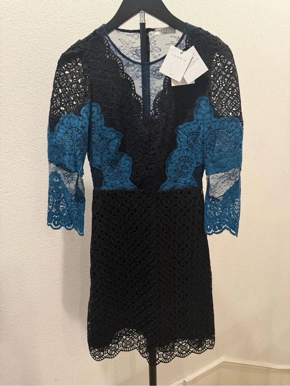 Sandro Belladone Petrol Lace  3/4-Sleeve Dress SIZE 36 / SIZE 2